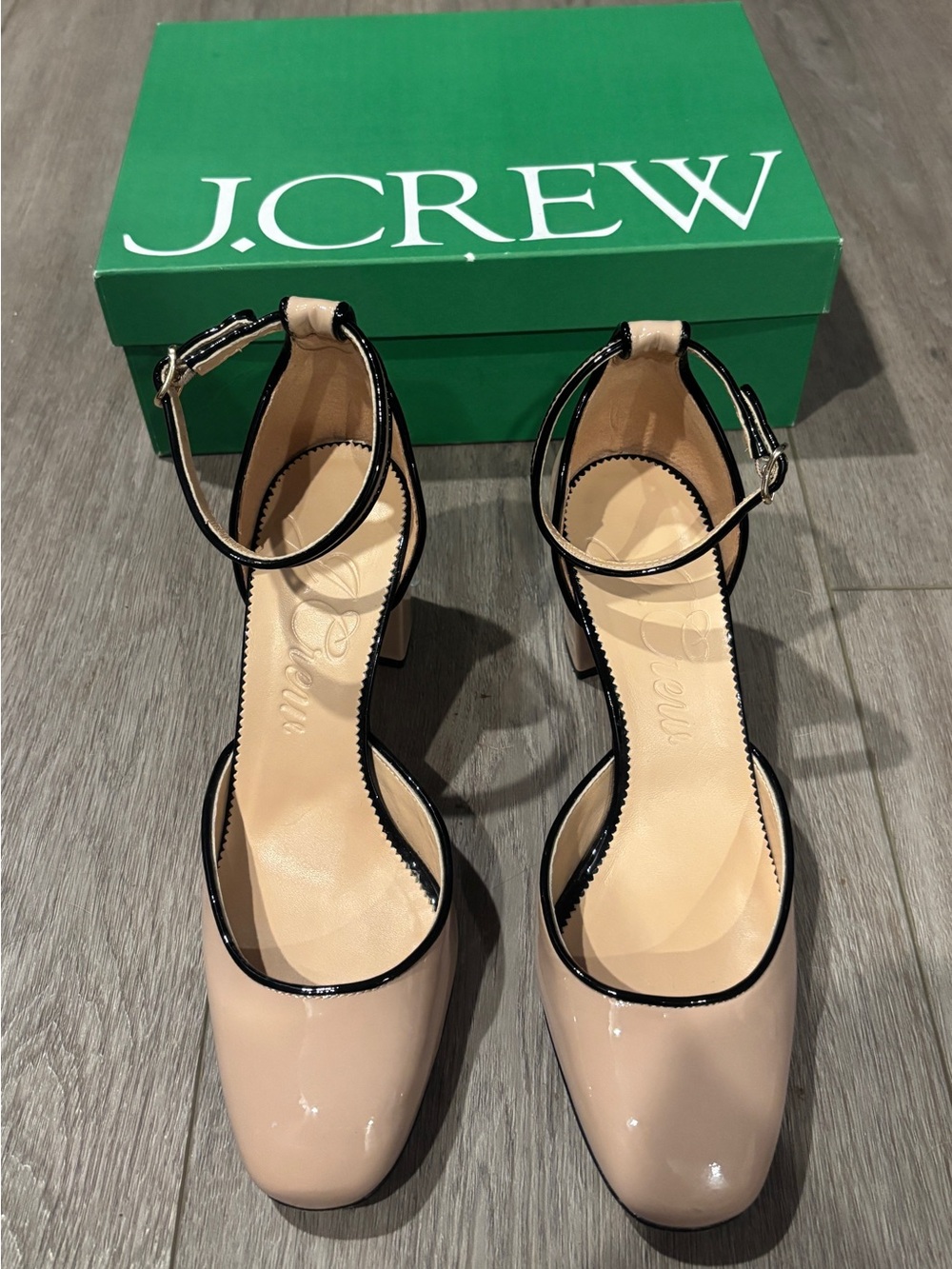 J.Crew Maisie Ankle-strap Heels Italian Patent Leather Desert Taupe/Black 7 M